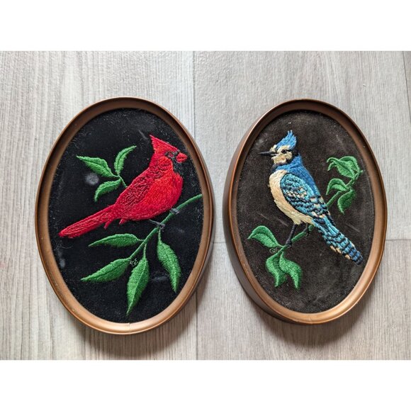 Vintage Ecstasy Oval Framed Embroidered Cardinal & Blue Jay Wall Art Set - Picture 1 of 7